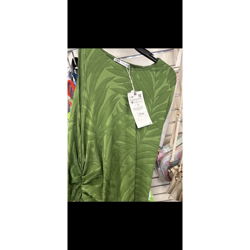 Zara Green Palm Leaves  Long Sleeve Ruched Side Tubular Midi Dress Sz Med - Picture 4 of 13